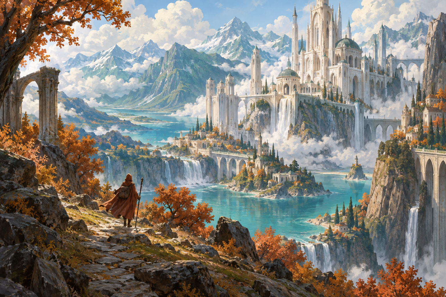 Original fantasy illustration of a traveler overlooking a mountain city