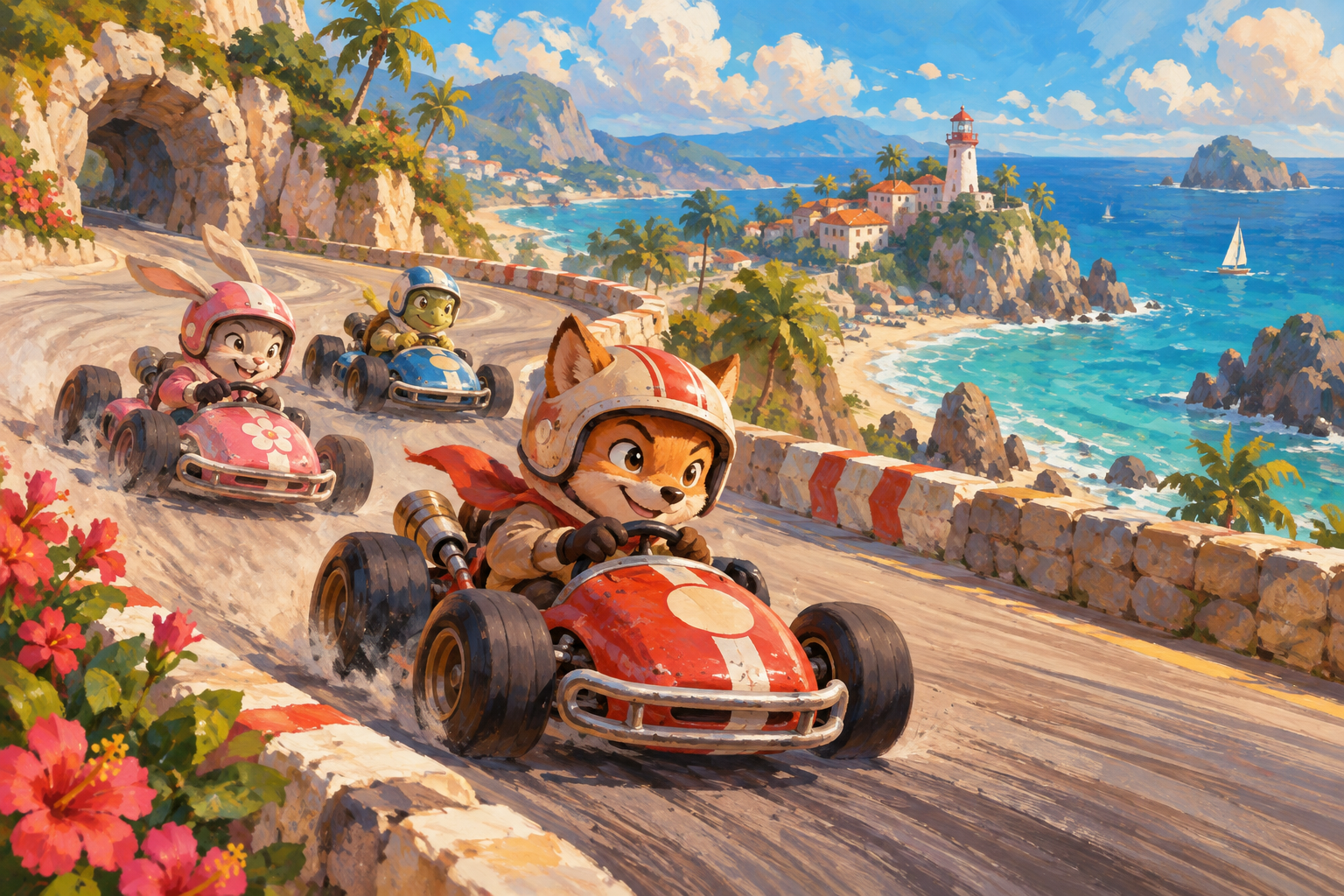 Original illustration of three animal-driven karts rounding a bright coastal road
