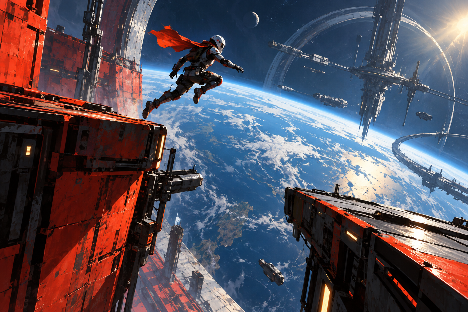 Original science-fiction illustration of an explorer above a blue planet