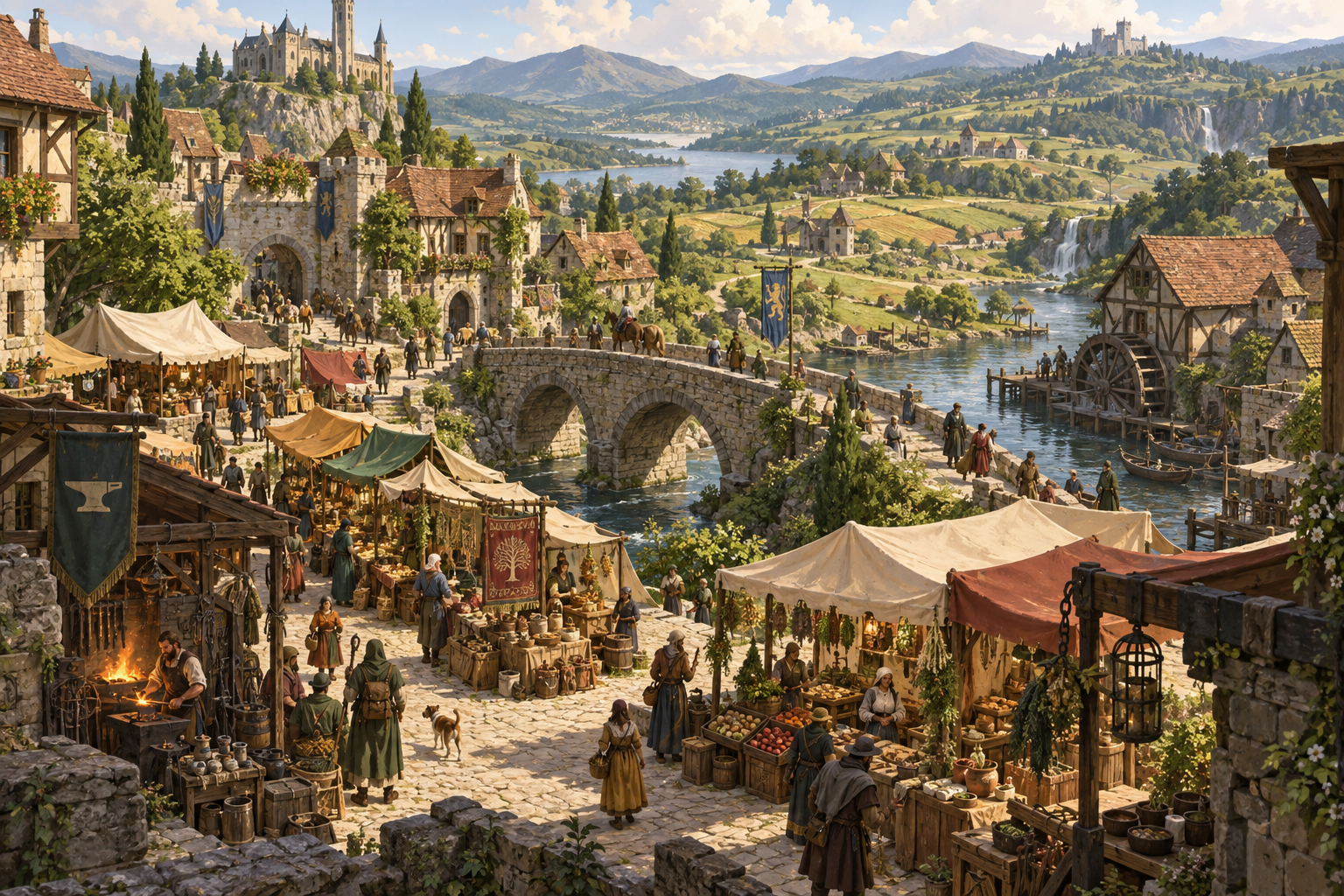 Original illustration of a medieval market village and stone bridge