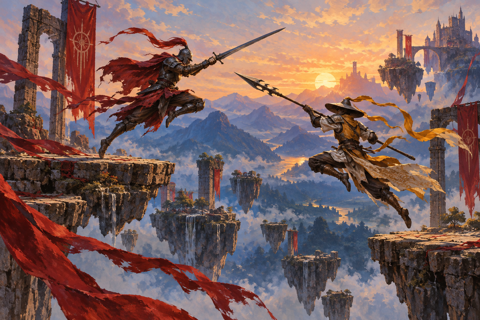 Original illustration of two armored duelists leaping above a mountain valley