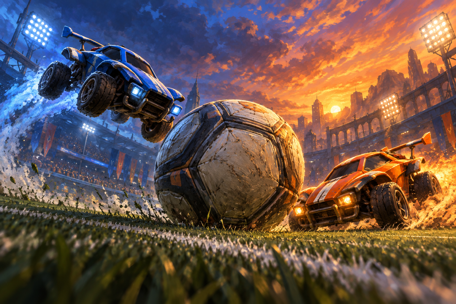Original illustration of two rocket-powered cars approaching an oversized football