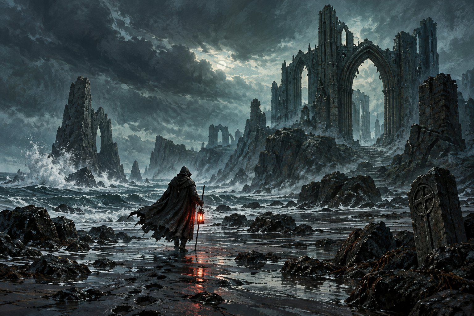 Original illustration of a cloaked wanderer approaching ruined arches on a stormy coast