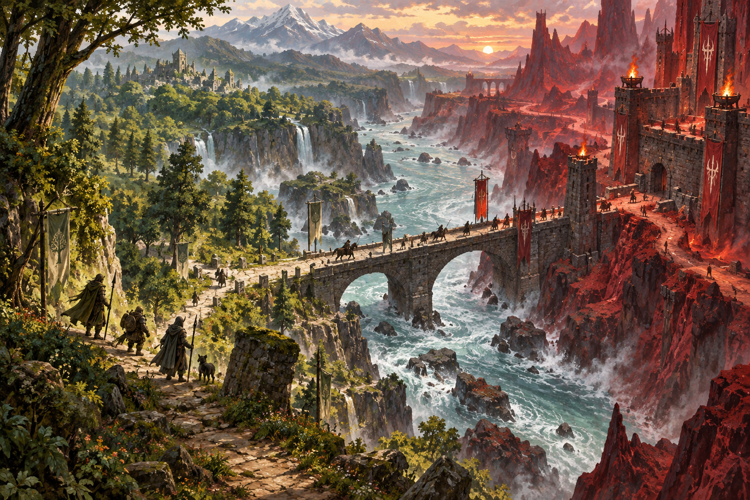 Original illustration of a river separating a green forest from a scarlet fantasy stronghold