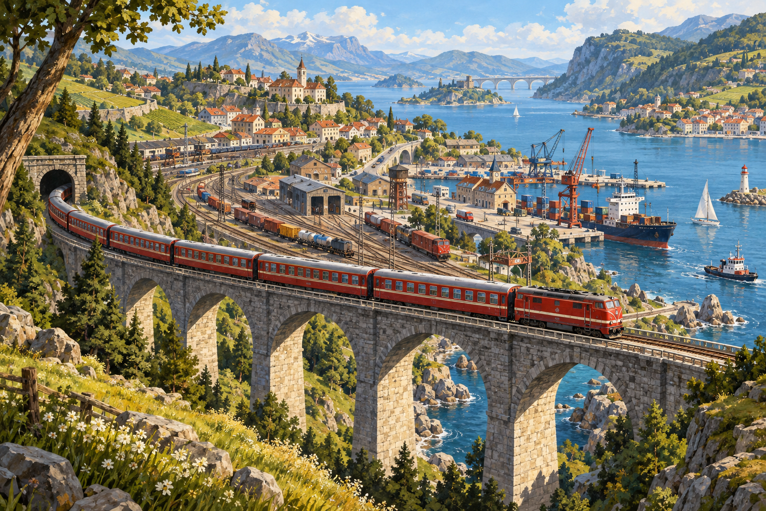 Original illustration of a railway viaduct, transport junctions and a coastal town