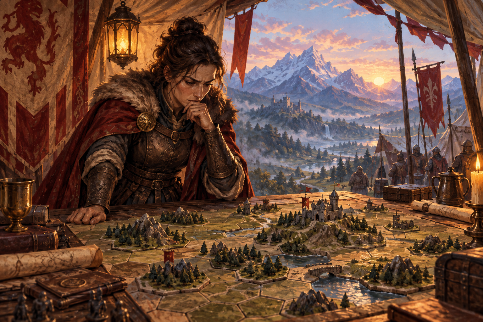 Original illustration of a fantasy commander studying a hexagonal terrain table
