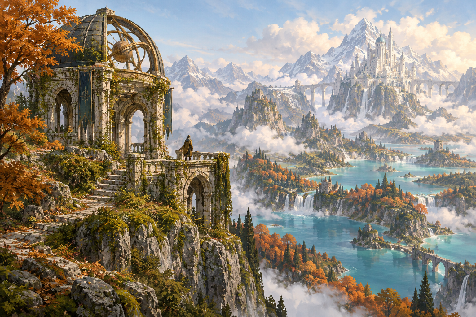 Original illustration of an old observatory overlooking a fantasy valley